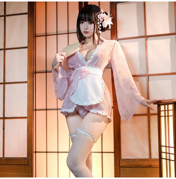 FEE ET MOI - Playful Bunny Print Kimono Robe (Pink - White)